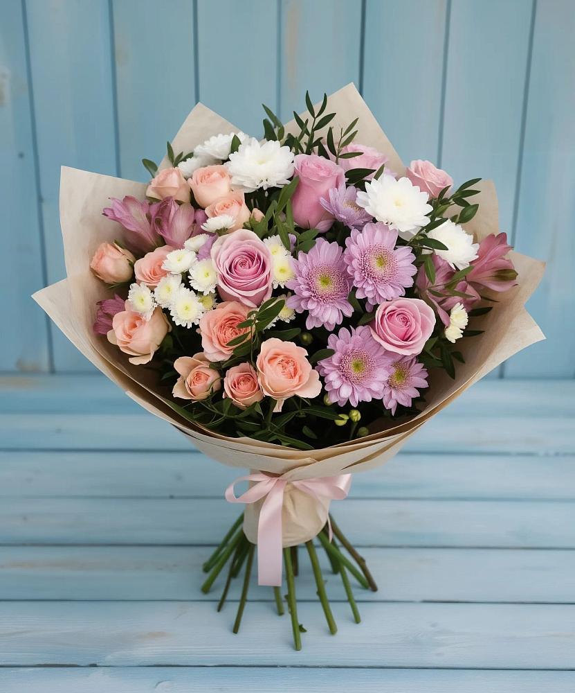 Букет цветов из: Хризантемы, Розы и Альстромерии в Заветном