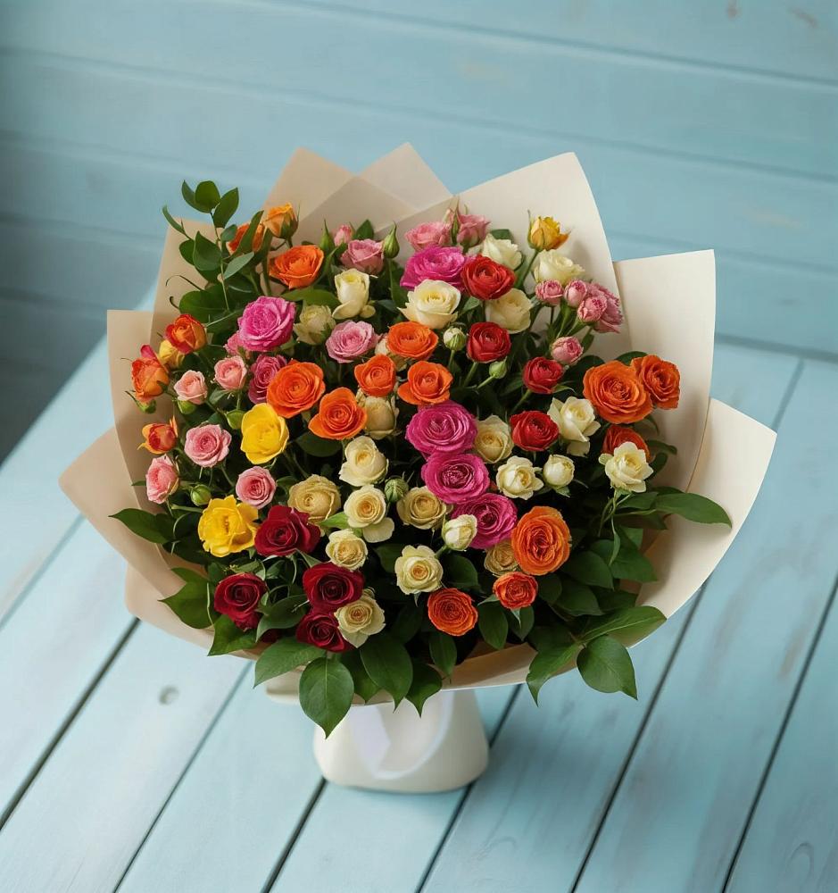 Букет Микс из разноцветных кустовых роз в Заветном