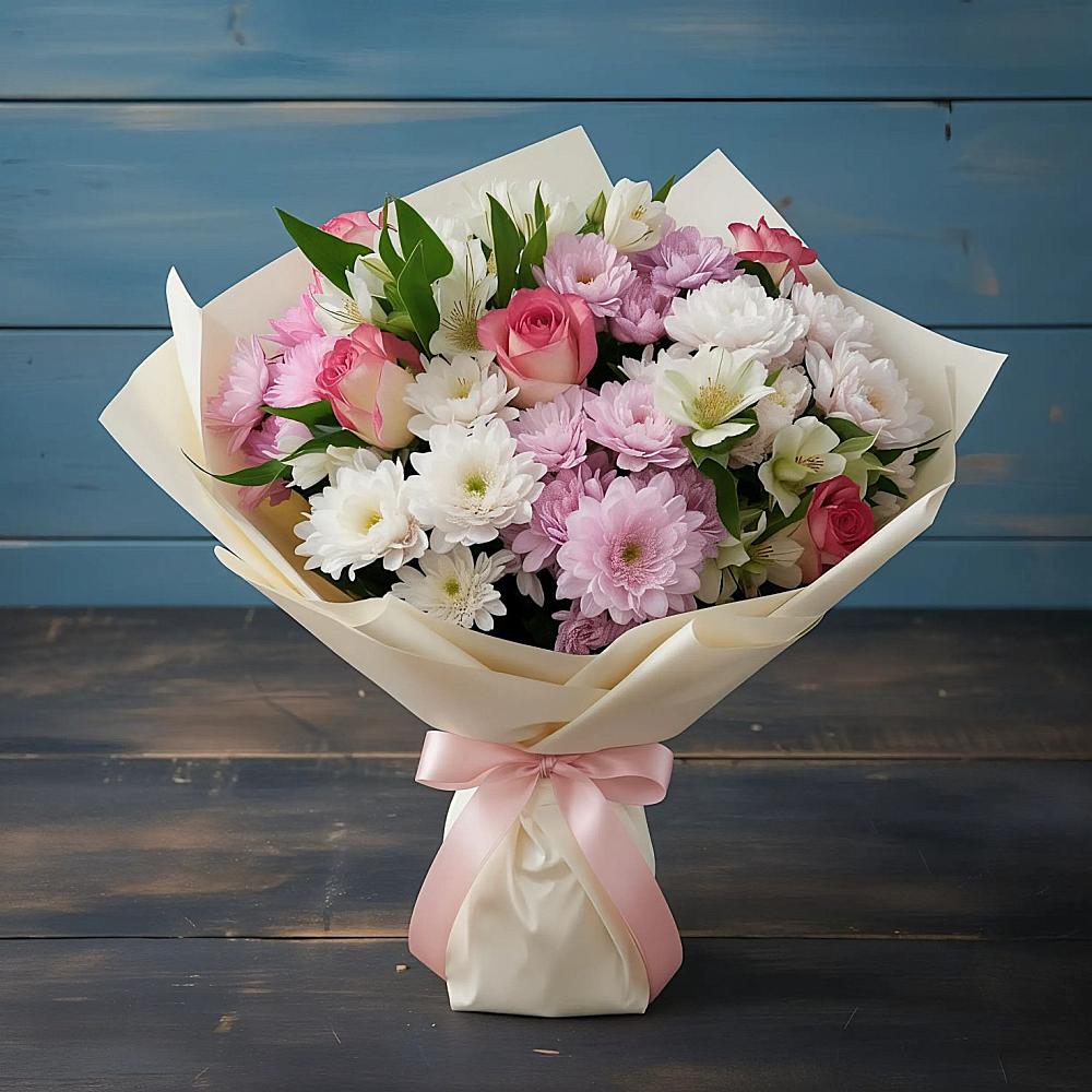 Букет цветов из: Хризантемы, Альстромерии и Розы в Заветном